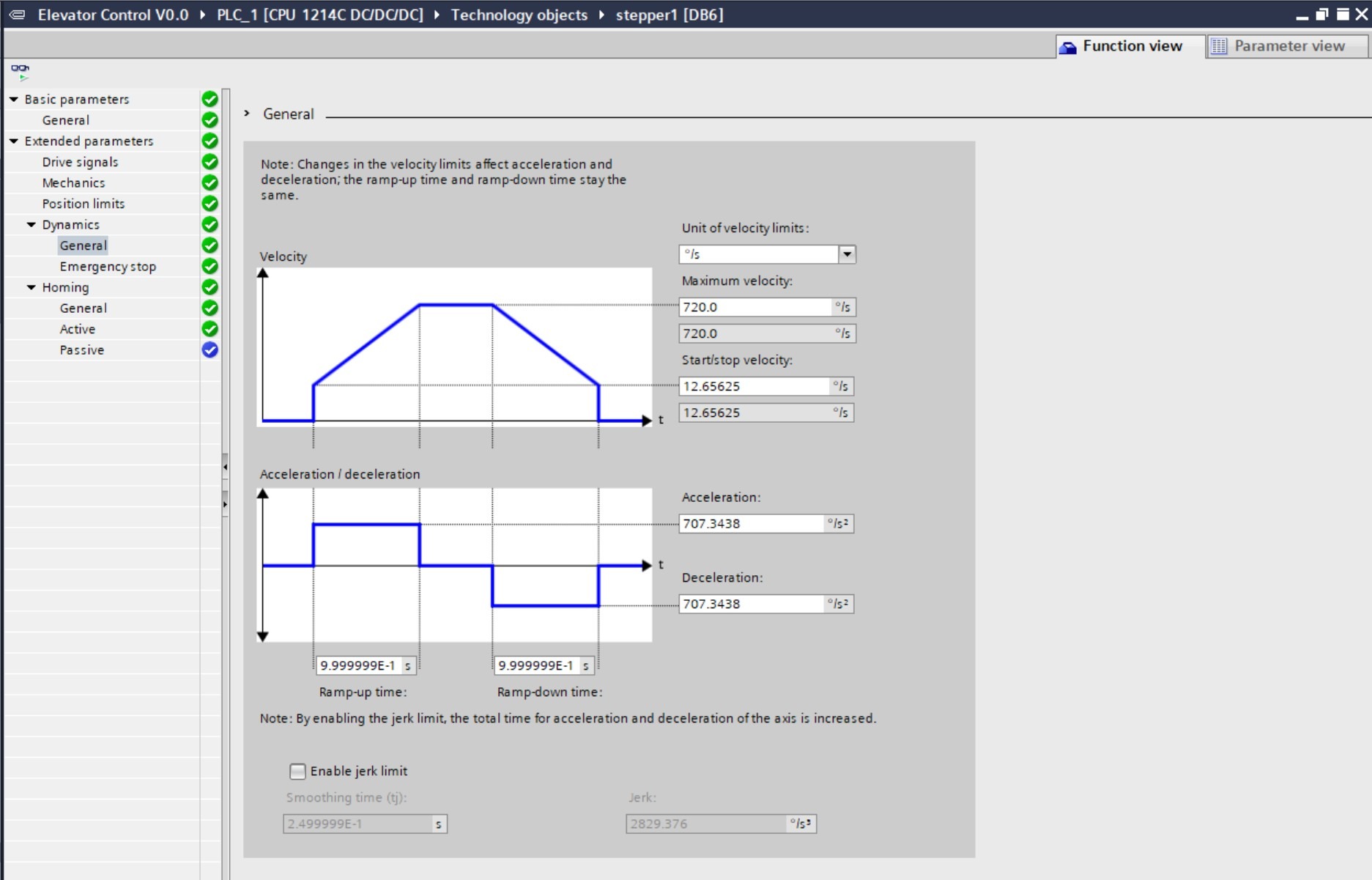 Motion dynamics configuration with velocity and acceleration profiles